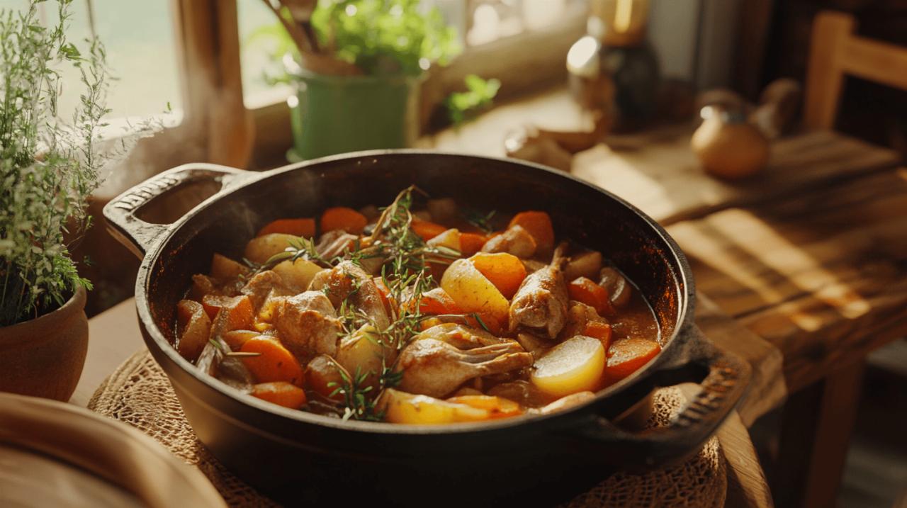 Secrets de grand-mere : le lapin en cocotte en fonte aux herbes de Provence